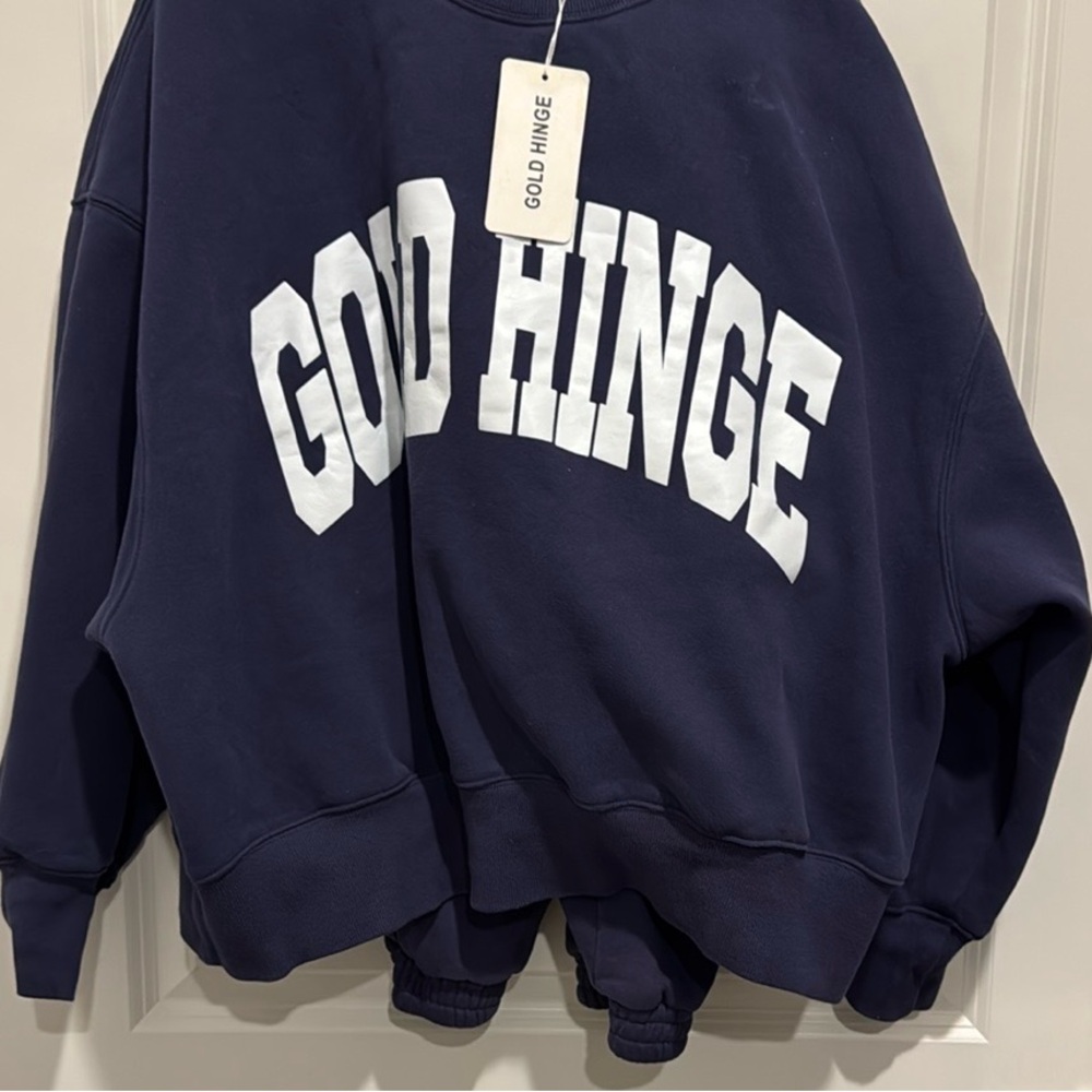 Gold Hinge Navy Sweatshirt with White Lettering